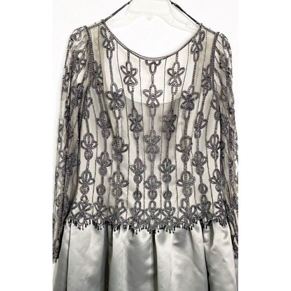 Bob Mackie Gray Beaded Evening Gown Long Sleeve Formal Mother of Bride Dress 16 - Picture 2 of 5